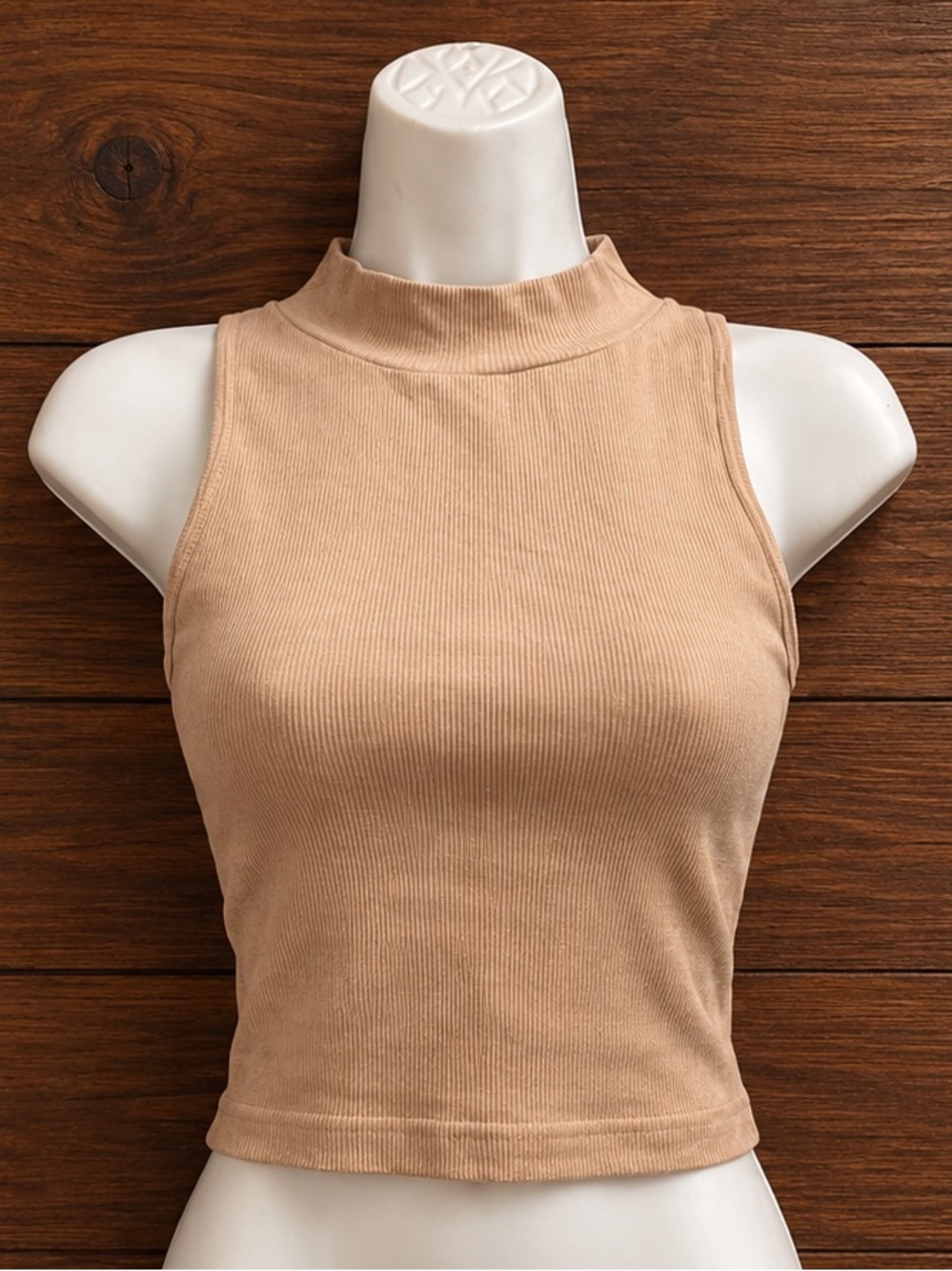 Sleeveless Ribbed Mock Neck Crop Top - Beige